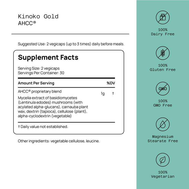 Premium Kinoko Gold AHCC Supplement–500mg of AHCC per Capsule–Supports Immune Health, Liver Function, Maintains Natural Killer Cell Activity & Enhances Cytokine Production–60 Veggie Capsules