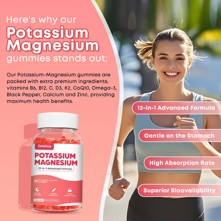 Potassium Magnesium Supplement Gummies for Adults Kids, Magnesium Glycinate & Potassium Citrate, Plus Multivitamin, Omega-3 & Black Pepper, Leg Cramps, Muscle & Heart Health, 120 cts