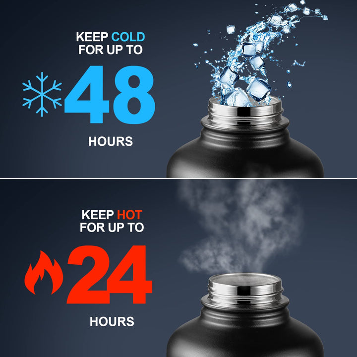 Half Gallon Insulated Water Bottle with Straw, 64 oz Stainless Steel Large Metal Water Bottle with Handle, Wide Mouth 1/2 Gallon Big Sports Water Bottle for Gym Workout Camping with Boot, Black