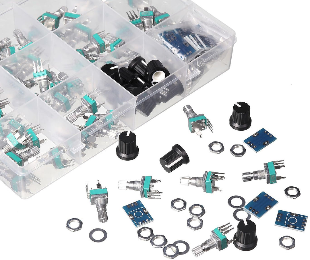 60 pcs Small 9mm onboard PCB Potentiometer Assortment 10 Values, B1K, B5K, B10K, B20K, B50K, B100K, B200K, B500K, B1M and A100K, Vertical Legs Terminal, 15mm axis, RV097 SMD
