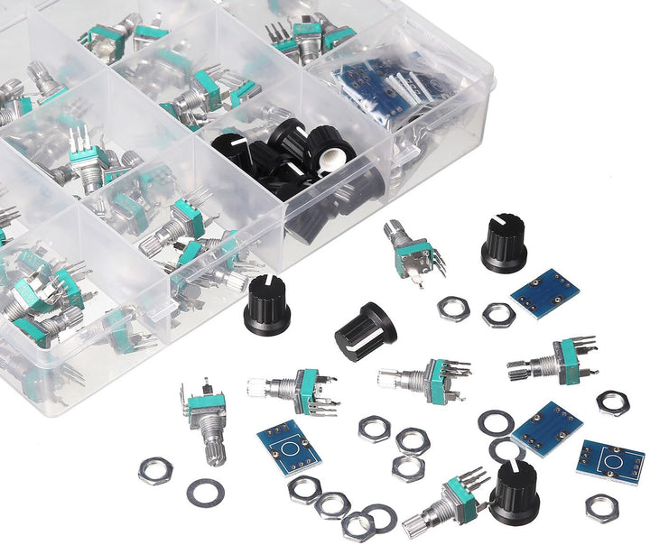 60 pcs Small 9mm onboard PCB Potentiometer Assortment 10 Values, B1K, B5K, B10K, B20K, B50K, B100K, B200K, B500K, B1M and A100K, Vertical Legs Terminal, 15mm axis, RV097 SMD