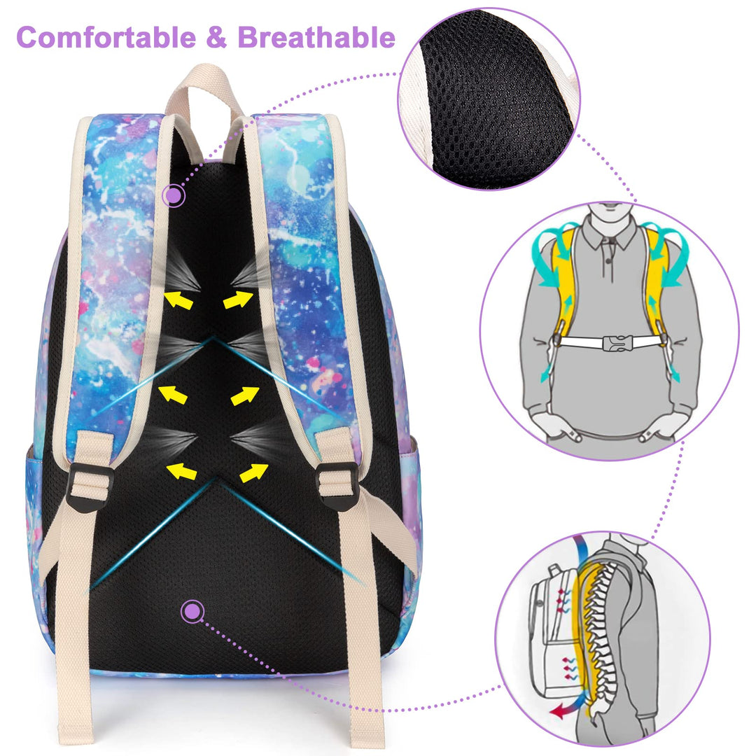 School Backpacks for Teen Girls&Boys Lightweight Canvas Backpack Bookbags Set(Tie Dye Purple) Medium