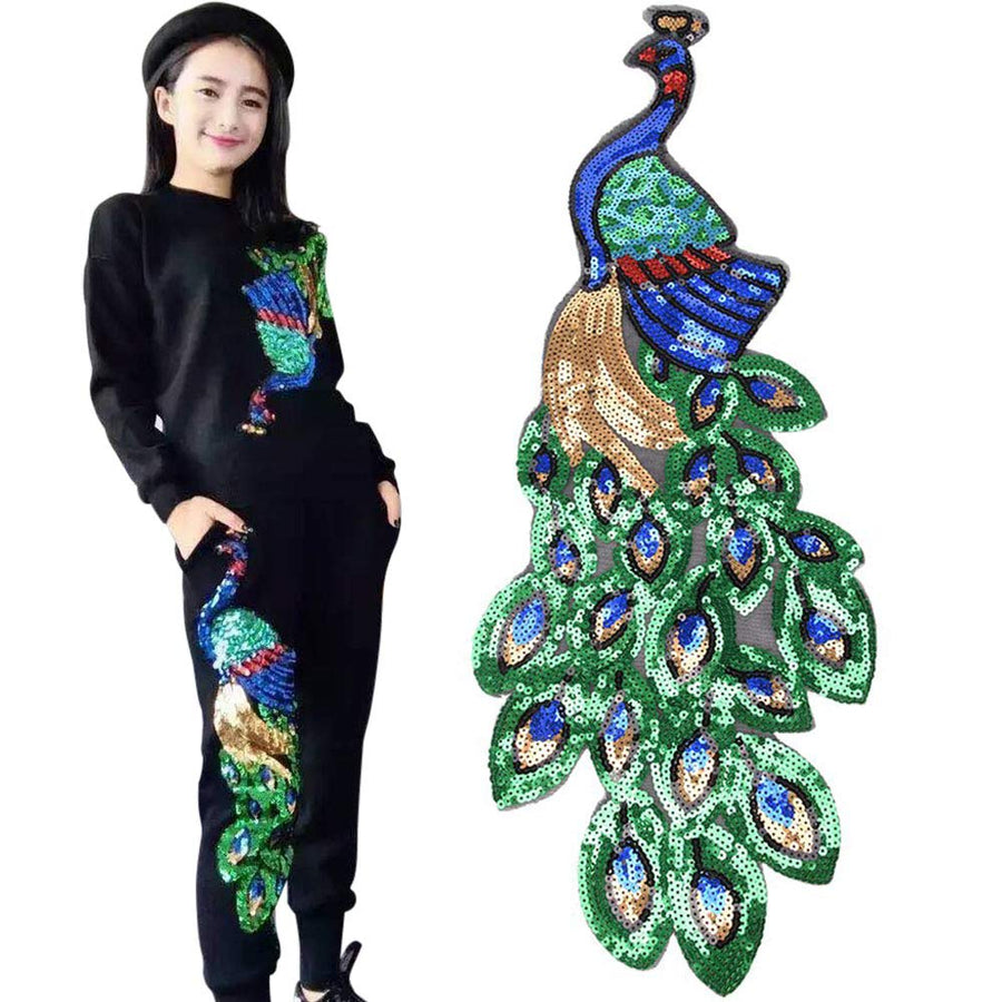 2 Pack Colorful Sequins Peacock Patch Iron On/Sew on Embroidered Applique Patch Craft Fashion Accessories for DIY Clothes