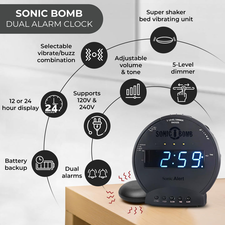 Sonic Bomb Dual Alarm Clock with Bed Shaker, Black Vibrating Alarm Clock Heavy Sleepers, Battery Backup | Wake with a Shake