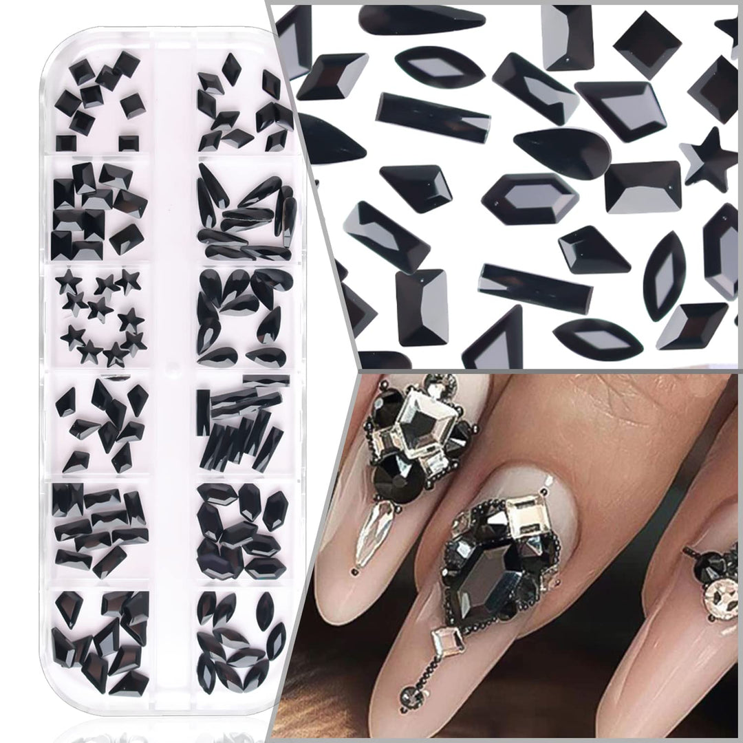 2 Box Flat Back Jet Black Nail Rhinestones Crystals Set Glass Rhinestones Gems For Nails Nail Jewelry Fake Diamonds Nail Charms For Women DIY Crafts Clothes Shoes Jewelry Big Nail Stones