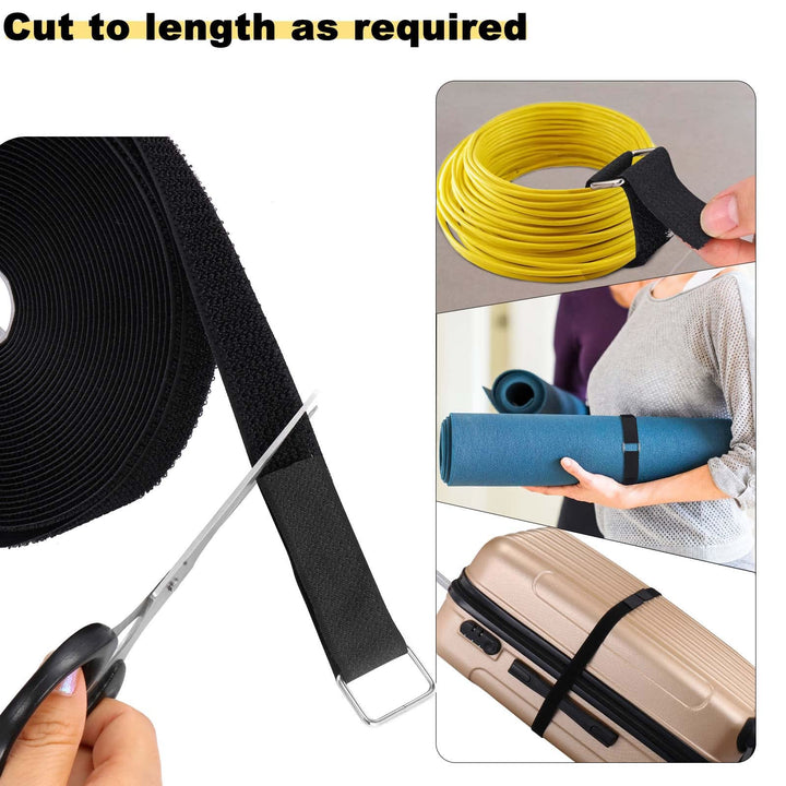 1x32ft Hook and Loop Straps with 50 Metal Buckles, Adjustable Fastening Cable Straps, Cut-to-Length Cinch Strap, Reusable Nylon Securing Cord Ties for Organizer or Storage, 1 inch Wide, Black