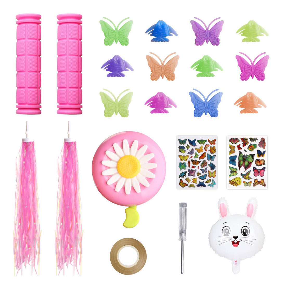 Bike Accessories for Kids Girls Bike Bicycle Decorations Including Pink Bike Handlebar Grips, Bike Streamers, Butterfly Bike Wheel Spokes, Flower Bell and Stickers,Rabbit Balloon