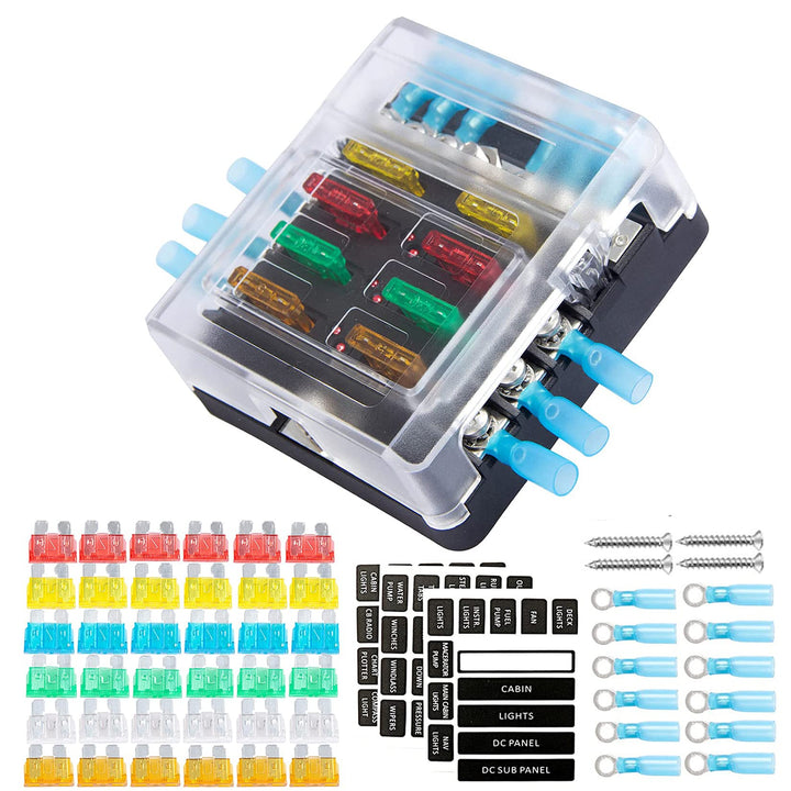 Fuse Block, 6 Way Fuse Panel with 36pcs Fuse Blades Fuse Box w/Negative Bus LED Warning Indicator for Boat Marine Car Auto (6 Circuit)