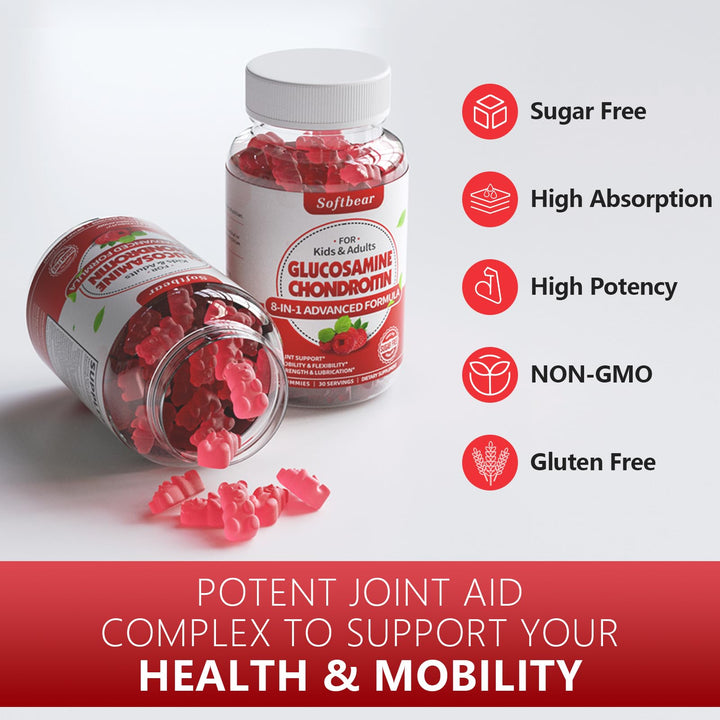 Glucosamine Chondroitin Gummies Sugar Free, Extra Strength Glucosamine Chondroitin Supplement for Natural Joint Support, Raspberry Flavored 60 Count