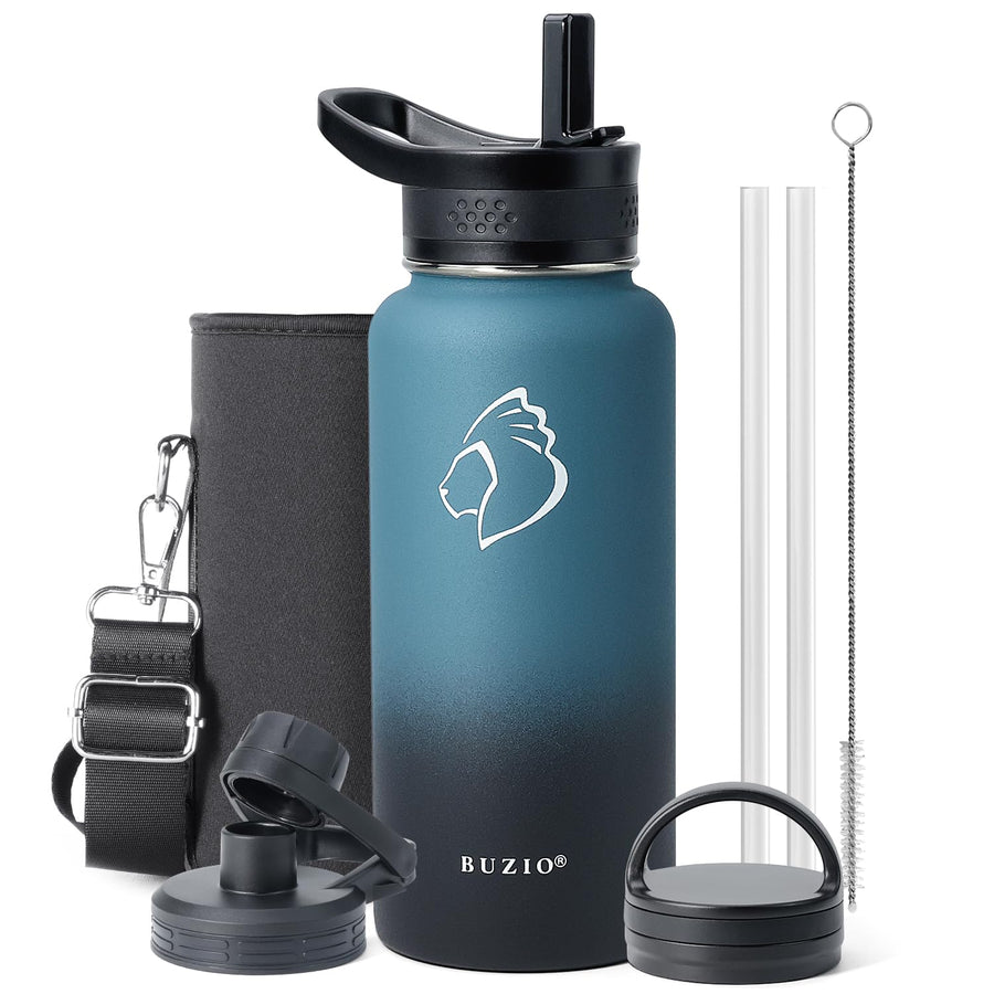 32 oz Water Bottle Insulated with Straw & 3 lid and Carrying Pouch, Leak Proof Anti-Slip Stainless Steel Water Flask Jug, Cold for 48 Hrs Double Vacuum Thermo Canteen, BPA-Free, Caribbean Blue