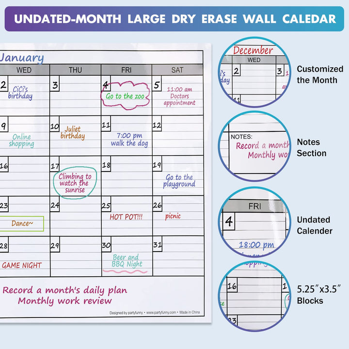Dry Erase Monthly Extra Large White board Calendar for Wall, 25 by 38, Jumbo Laminated Erasable One Month Whiteboard Calendar, Huge Oversized Blank 30-Day Poster with Lines and Squares
