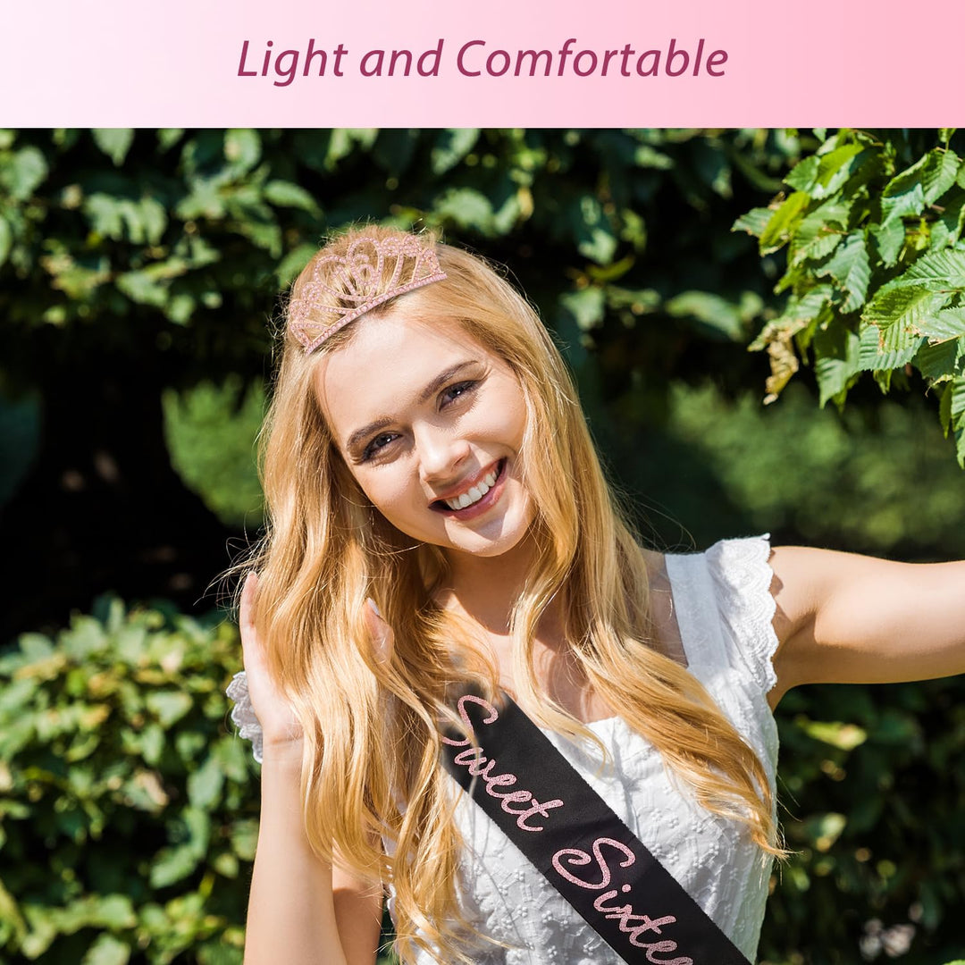 16th Birthday Tiara and Sash Pink, 16th Birthday Gifts for Girl, Happy 16th Birthday Party Supplies,16 & Fabulous Glitter Satin Sash and Crystal Tiara Birthday Crown for 16th Birthday Party Supplies