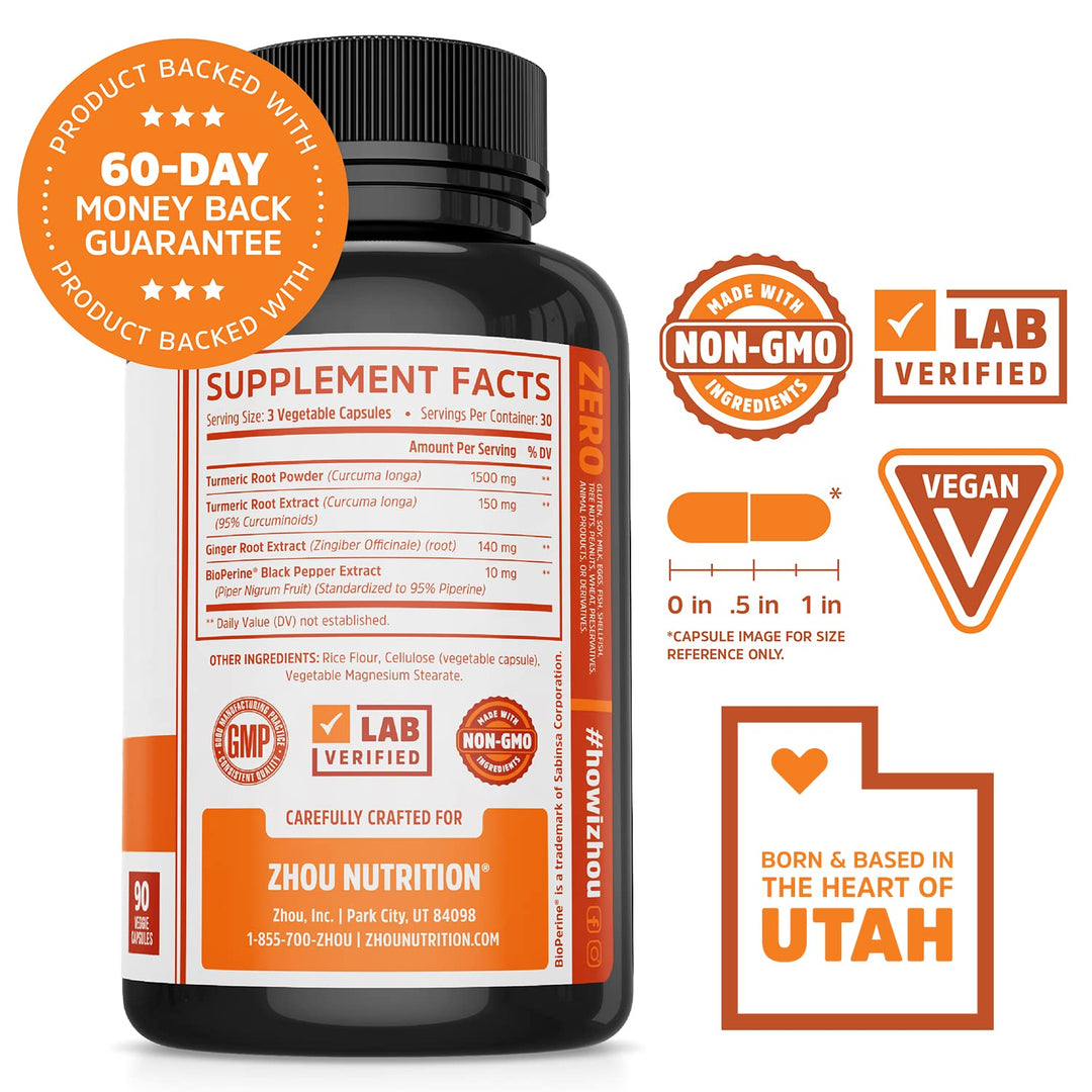 Zhou Turmeric Curcumin with Ginger - Turmeric and Ginger Supplement for Women & Men, Curcuminoids with Ginger Root & Black Pepper Extract for Digestion & Joint Health - 90 Veggie Capsules
