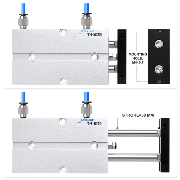 16mm Bore 50mm Stroke Double-Rod Double-Acting Aluminum Pneumatic Air Cylinder TN16-50