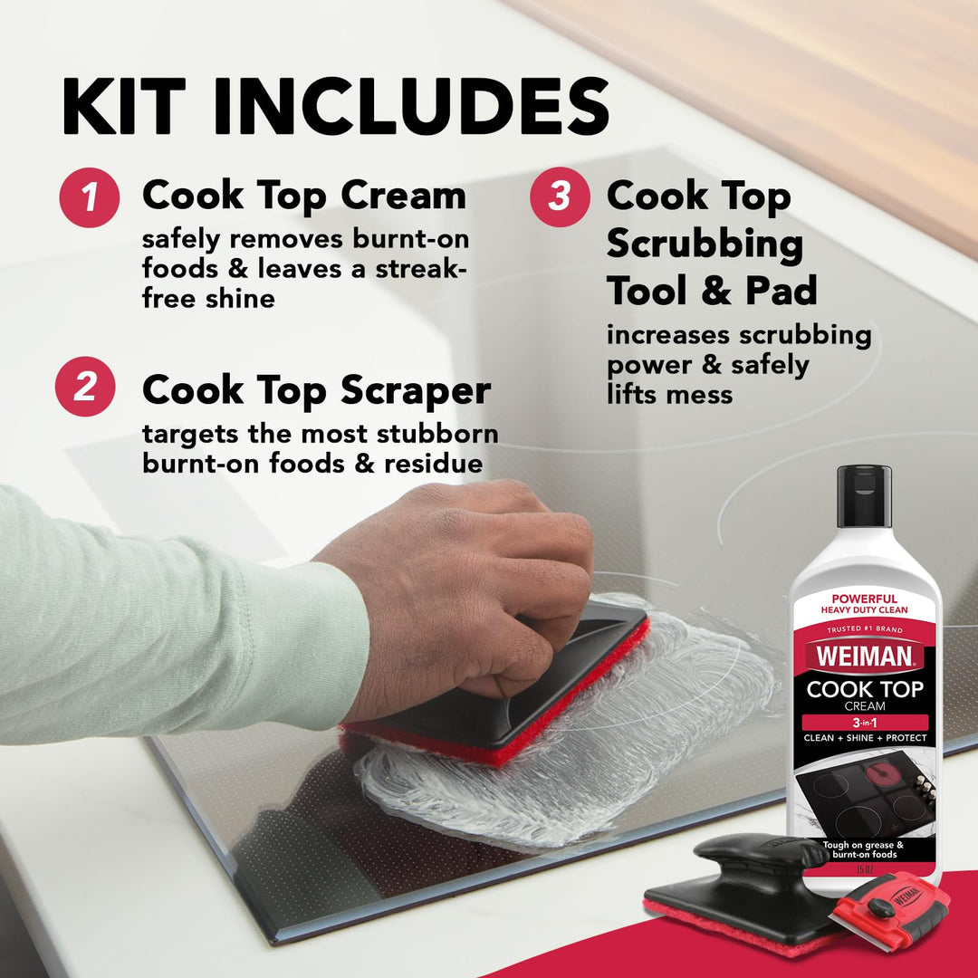 Cooktop and Stove Top Cleaner Kit - Glass Cook Top Cleaner and Polish 10 oz. Scrubbing Pad, Cleaning Tool, Razor, Scraper