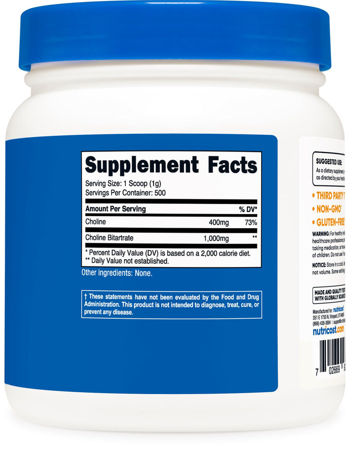 Pure Choline Bitartrate Powder 500 Grams