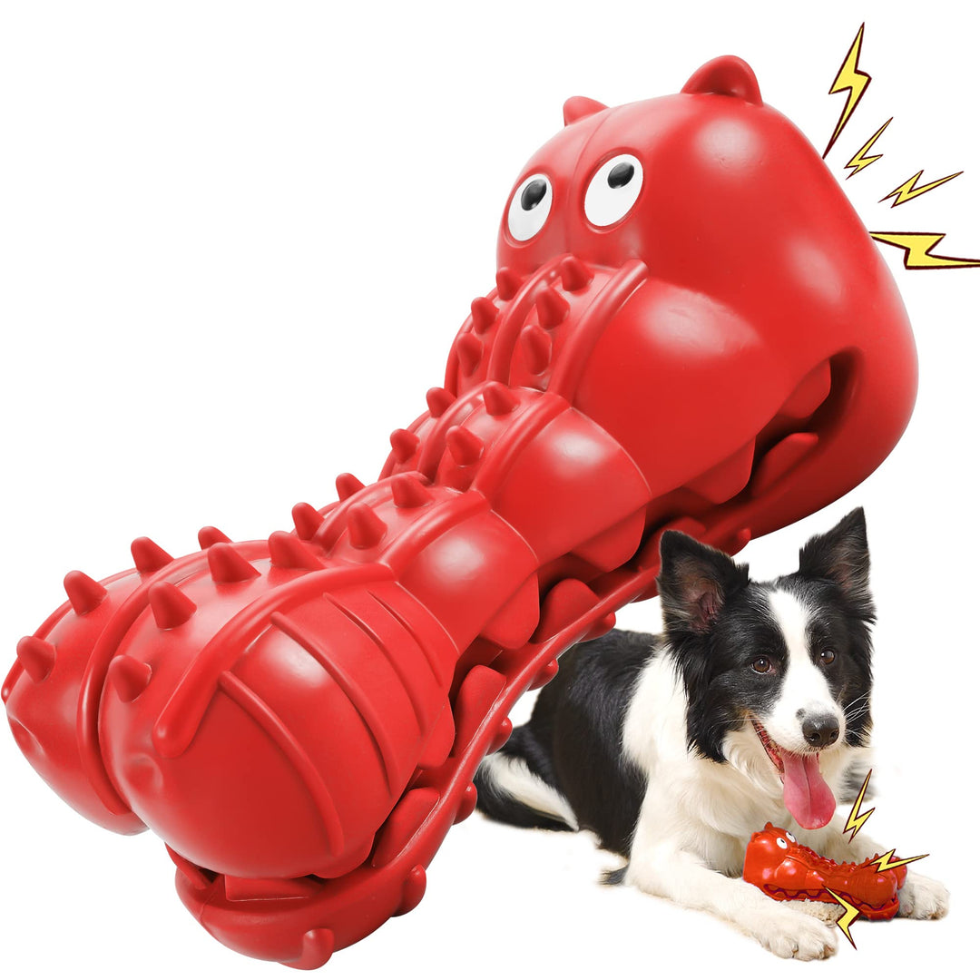 Squeaky Dog Toys for Aggressive Chewers, Tough Indestructible Chew Toys for Large Medium Breed Dog with Non-Toxic Natural Rubber (Hippo-red)