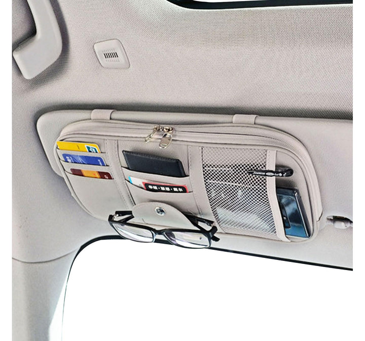 Car Sun Visor Organizer, Multi-Pocket Visor Organizer Storage Pouch for Cars, SUVs & Trucks with Double Zippers, Elastic Bands & Glasses Clip - Organizes Essentials Keep Tidy (Cream Grey)