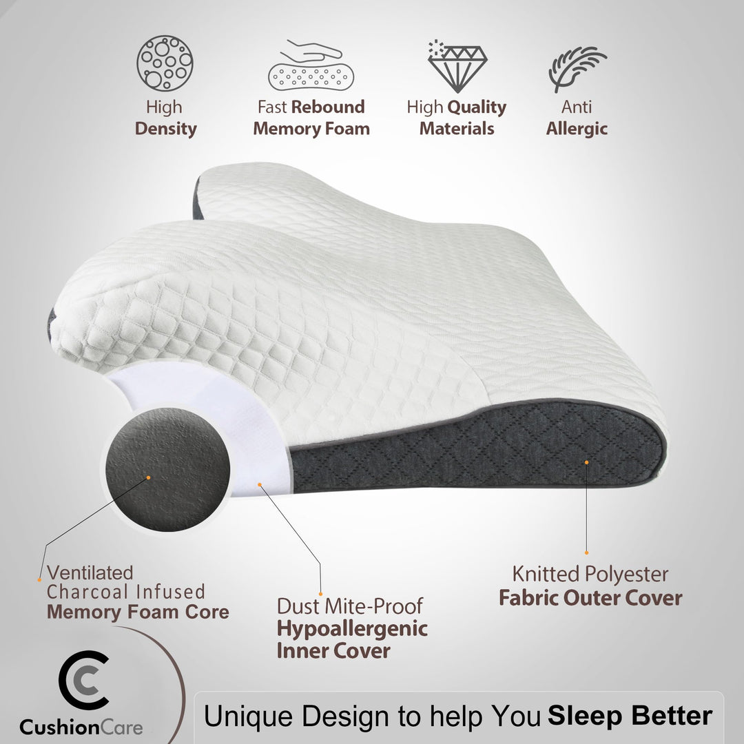 Charcoal Cervical Neck Pillow for Pain Relief Sleeping – Ventilated Memory Foam - Orthopedic Contour Pillow for Side, Back, Stomach Sleeper - Ergonomic Arm, Neck and Shoulder Support Pillows