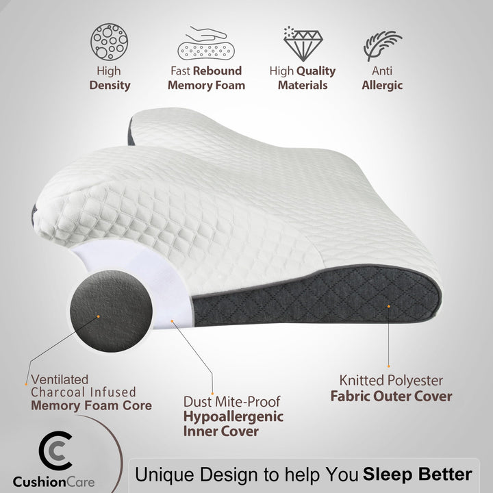 Charcoal Cervical Neck Pillow for Pain Relief Sleeping – Ventilated Memory Foam - Orthopedic Contour Pillow for Side, Back, Stomach Sleeper - Ergonomic Arm, Neck and Shoulder Support Pillows