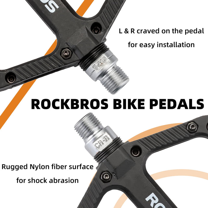 Rock BROS Mountain Bike Pedals Nylon Composite Bearing 9/16 MTB Bicycle Pedals with Wide Flat Platform Black