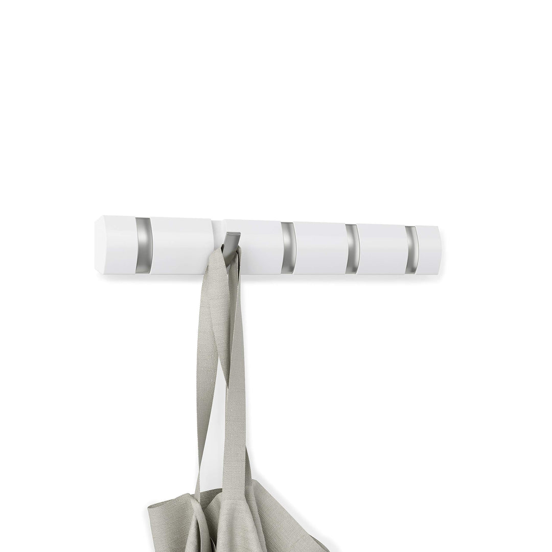 Flip Wall-Mounted Coat Rack Rail Hook for Hats, Jackets, Bags and More – Modern, Space-Saving Storage Organizer for Entryway, Mudroom, Closet, Bathroom, Bedroom, Kids Room, or Nursery, 5 Hooks, White/Nickel