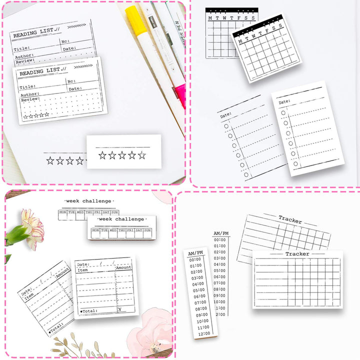 18 Pcs Journal Stamps w/Ink Pad, 4 Set Bujo Stamp Calendar Planner Stencil for Journal DIY, to Do List, Tasks, Month Week Dates Organizer, Scrapbooking Craft, Enhance and Simplify Your Planner