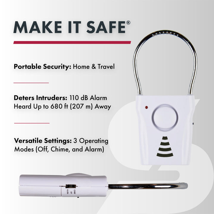 110dB Door Handle Alarm, Extremely Loud Wireless Alarm Audible Up To 680 Ft Away, Hangs Off Door Knob or Handle, Vibration-Triggered Home Security Alarm, 3 Adjustable Settings, Great for Travel