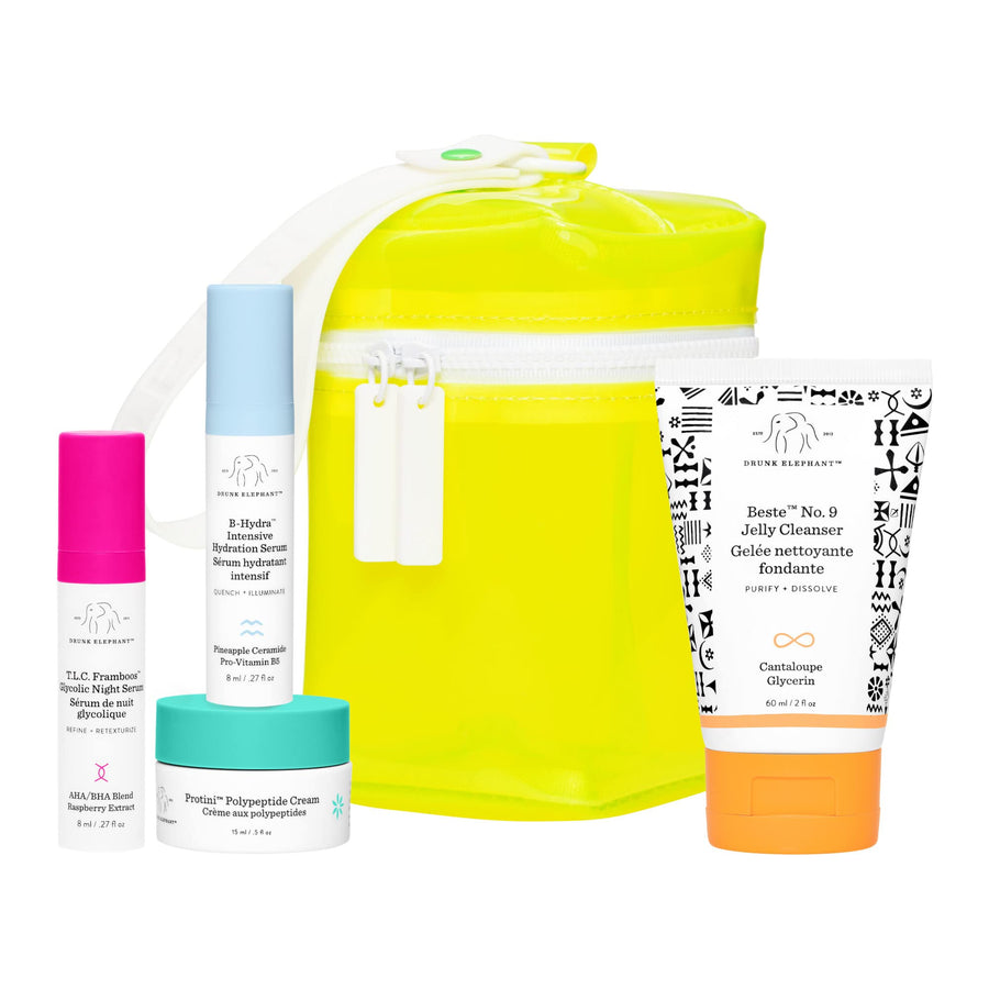 Littles Night Out Evening Skin Kit – Night Skin Care Set. Beste No. 9 Jelly Cleaner, T.L.C. Framboos Glycolic Night Serum, B-Hydra Intensive Hydration Serum, Protini Peptide Cream