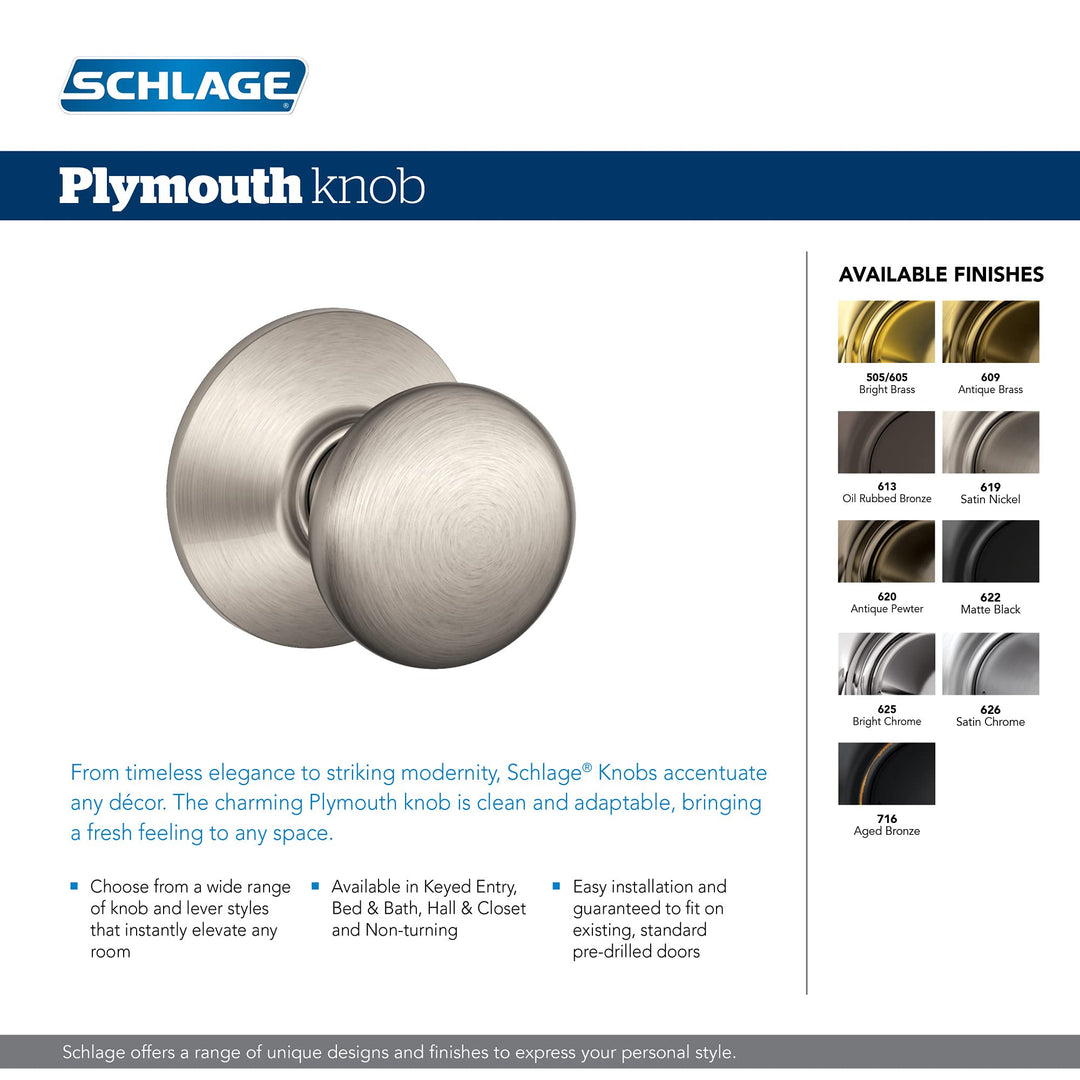 Schlage F170PLY626 Plymouth Dummy Knob, Satin Chrome