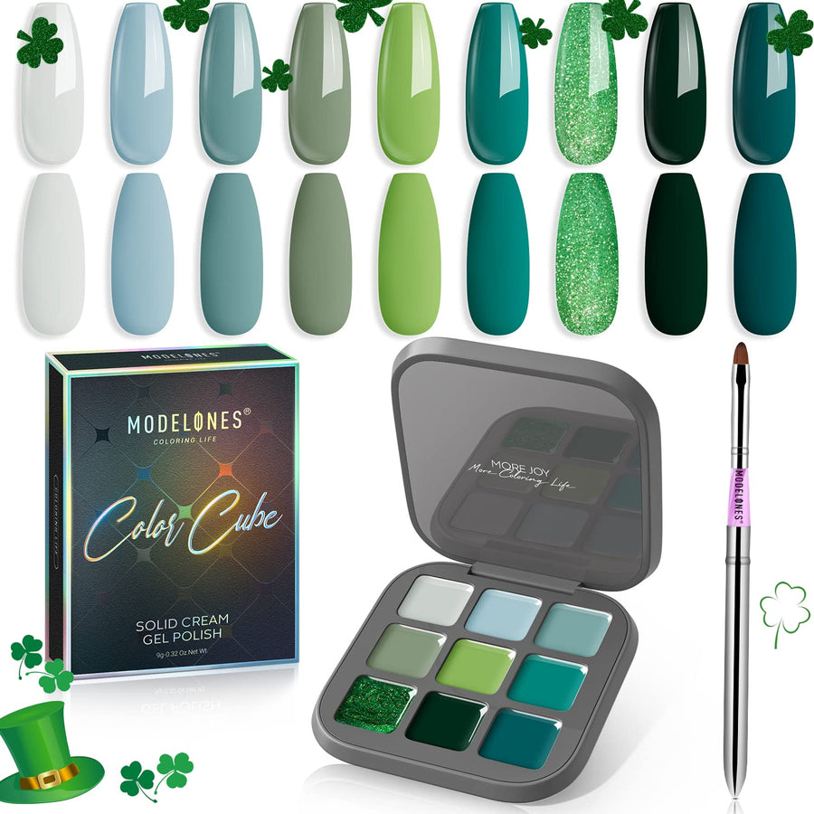 Modelones Gel Nail Polish Set, Sage Green Pine Dark Avocado Glitter Sparkle 9 Colors Solid Gel Polish Pudding Gel Upgraded Crème Manicure Palette Soak Off LED Nail Art Kit DIY Mothers Day Gift W/Brush