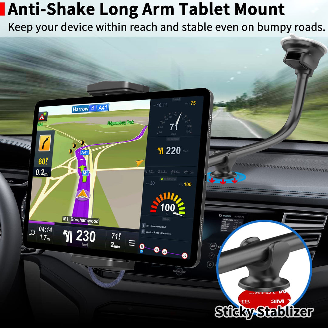 Upgraded Tablet Car Mount for iPad Truck Holder Long Arm Extension Strong Suction Cup Windshield Mount for 7-13 Inch Tablet iPad Pro Air Mini