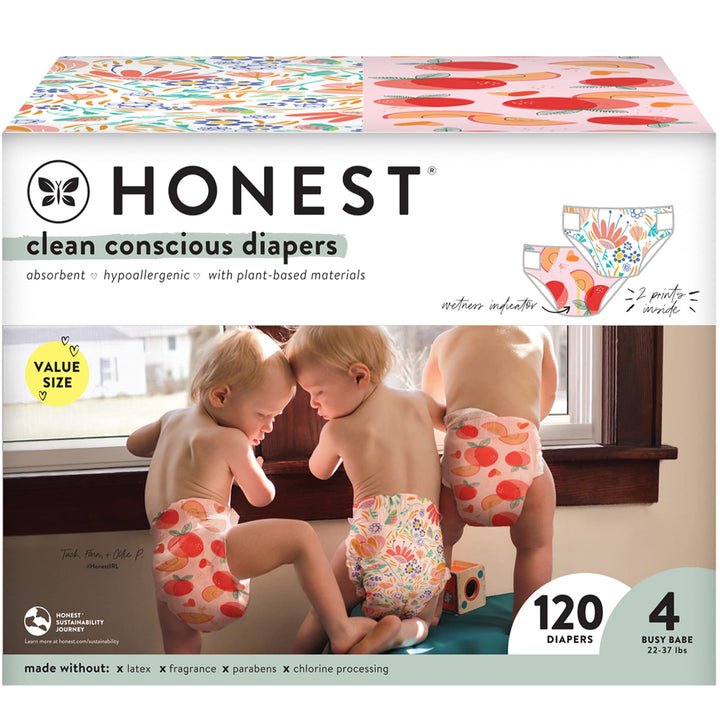 Clean Conscious Diapers | Plant-Based, Sustainable | Just Peachy + Flower Power | Super Club Box, Size 4 (22-37 lbs), 120 Count