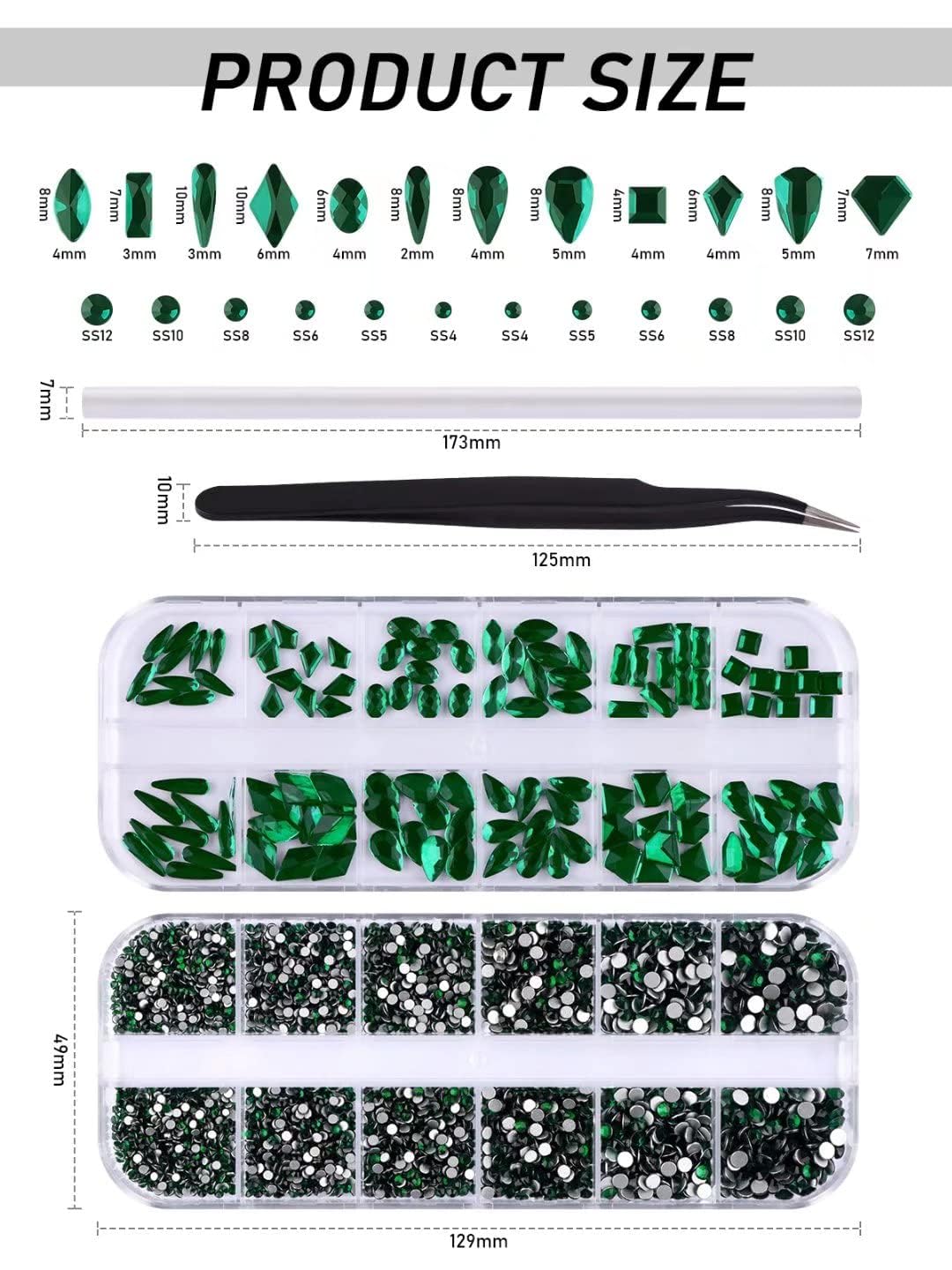 3120 Pcs Green Nail Art Rhinestone Gems Kit Nail Art Crystal Flat Back Nail Diamond Jewels with Tweezers and Drill Pen