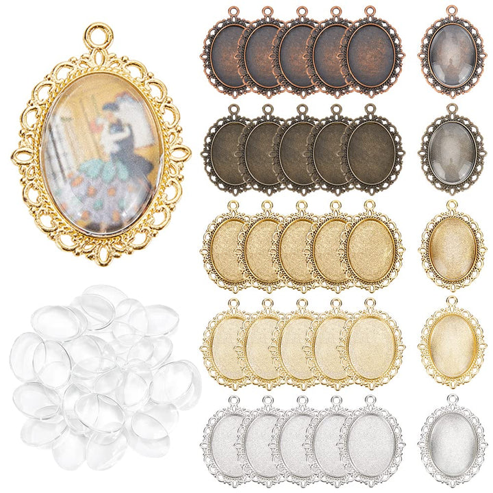 60pcs Pendant Tray Kit, 30pcs 5 Color Oval Pendant Blank Bezel, 30pcs 25 x 18mm Glass Cabochon Dome Tiles Clear Cameo Memorial Photo Pendant for Wedding Bouquet Graduation Photo Charm
