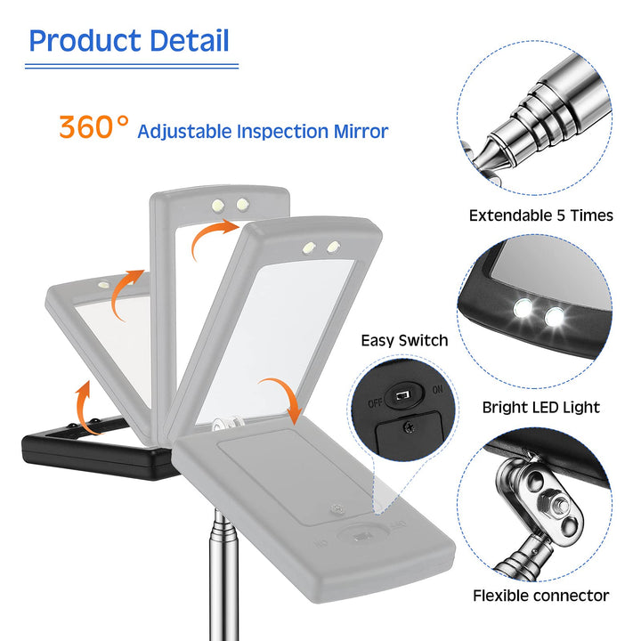 2 Pieces Lighted Telescoping Inspection Mirror Flexible Retractable LED Automotive Extension Round Dental Mirror with Light Pickup Tools Valentine Birthday Gift for Men, Husband, Father