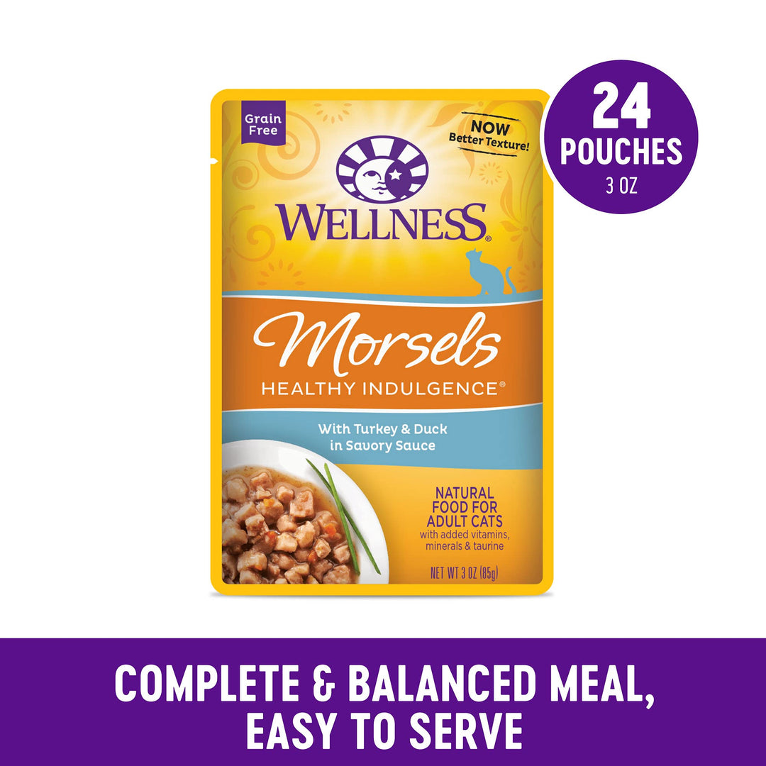 Healthly Indulgence Morsels Adult Wet Cat Food, Natural, Protein-Rich, Grain Free, 3 Ounce Pouch, 24 Pack, (Turkey & Duck)