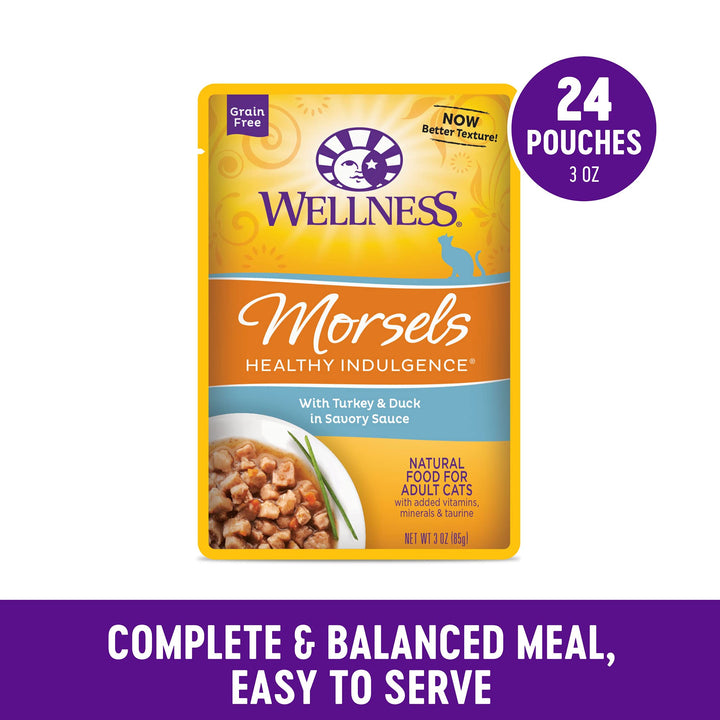 Healthly Indulgence Morsels Adult Wet Cat Food, Natural, Protein-Rich, Grain Free, 3 Ounce Pouch, 24 Pack, (Turkey & Duck)