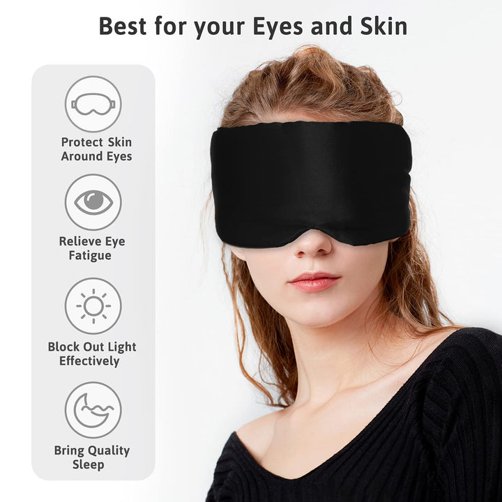 Silk Sleep Mask for Women Men, Mulberry Silk Eye Sleeping Mask & Blindfold with Adjustable Velcro Strap, Blackout Eye Cover for Sleep Travel Yoga Nap, Large Size, Black