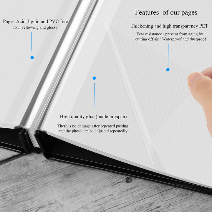 Self-Adhesive Photo Album Leather Cover Sticky 40 Pages DIY Magnetic Scrapbook Family Picture Albums for Christmas Wedding Birthday Travel Baby Gifts Hold 4X6 5X7 6X8 8X10 Photos Book Black