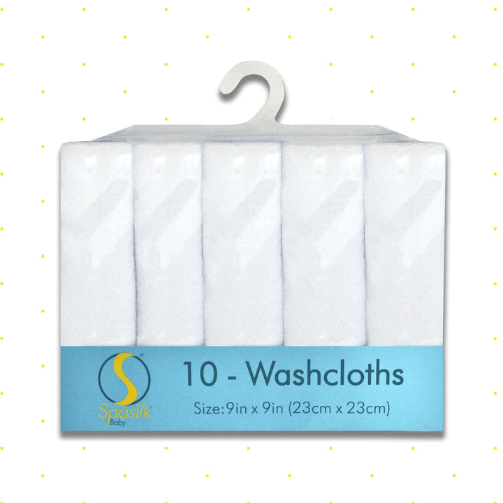Washcloth Wipes Set for Newborn Boys and Girls, Soft Terry Washcloth Set, Pack of 10, White, (010-WTE)