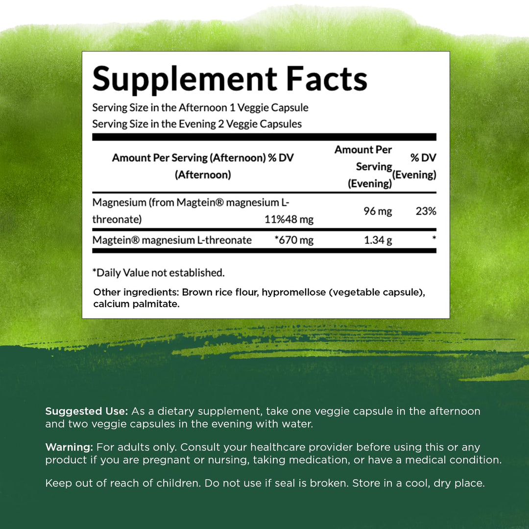 Magnesium L-Threonate - Mineral Supplement Promoting Nervous System Health - May Support Cognitive Health, Learning & Memory - (90 Veggie Capsules)