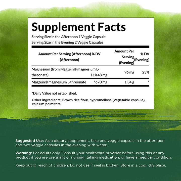 Magnesium L-Threonate - Mineral Supplement Promoting Nervous System Health - May Support Cognitive Health, Learning & Memory - (90 Veggie Capsules)