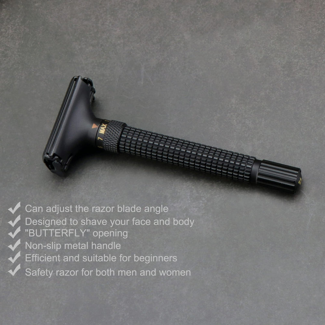 Butterfly Open Double Edge Safety Razor Nostalgic Adjustable Matte Black