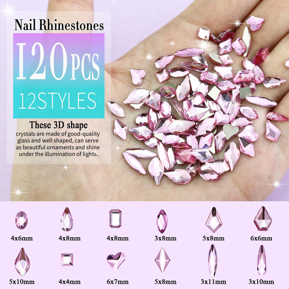 Flatback Glass Crystal Rhinestones for Nails, Multi 3D Shapes Crystals Nail Art Rhinestone Set (Light Pink)