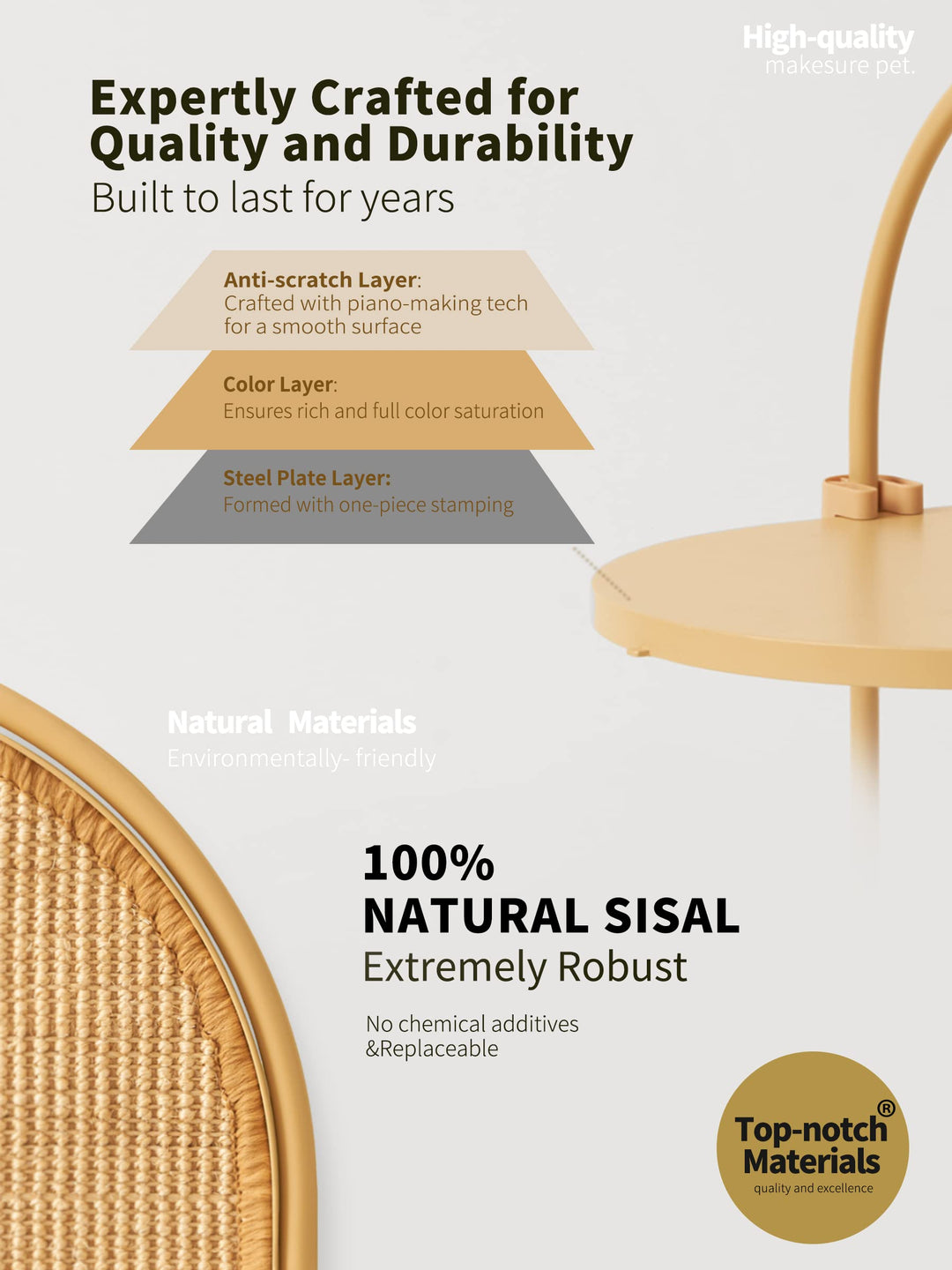 Cat Scratching Post, Three Modes Cat Scratcher, Cat Scratch Furniture Protector, Vertical/Horizontal/Side Table, Replaceable Sisal Scratch Pad for Indoor Cats - Yellow