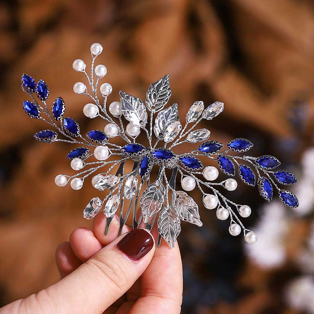 Bride Wedding Hair Comb Blue Rhinestone Bridal Hair Accessories for Wedding Hair Pieces for Women and Flower Girls