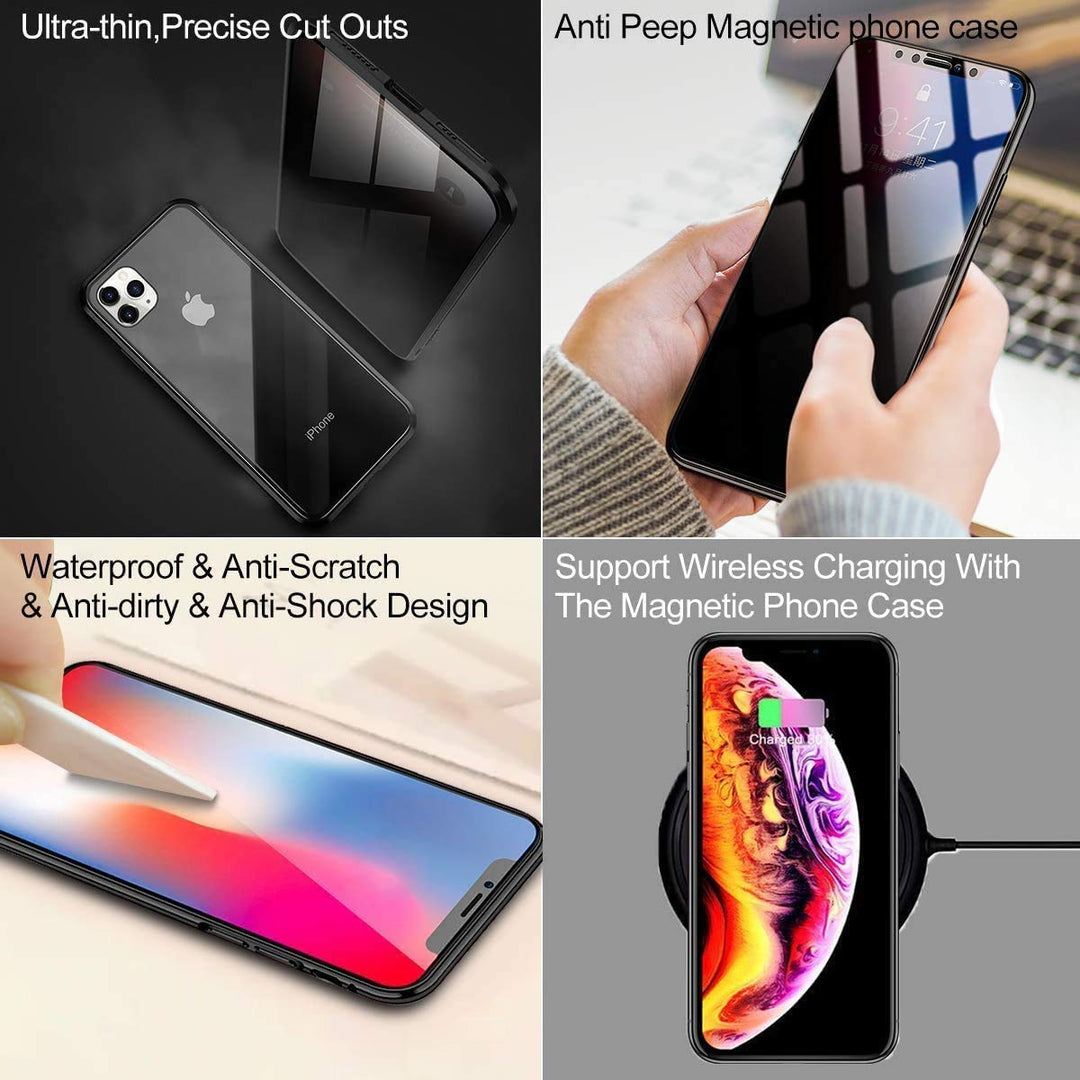 Privacy Magnetic Case for iPhone 12/12 Pro, Anti peep Magnetic Adsorption Cover Front & Back Tempered Glass Full Screen Covered, Privacy Screen Protector Metal Frame Phone Case Black