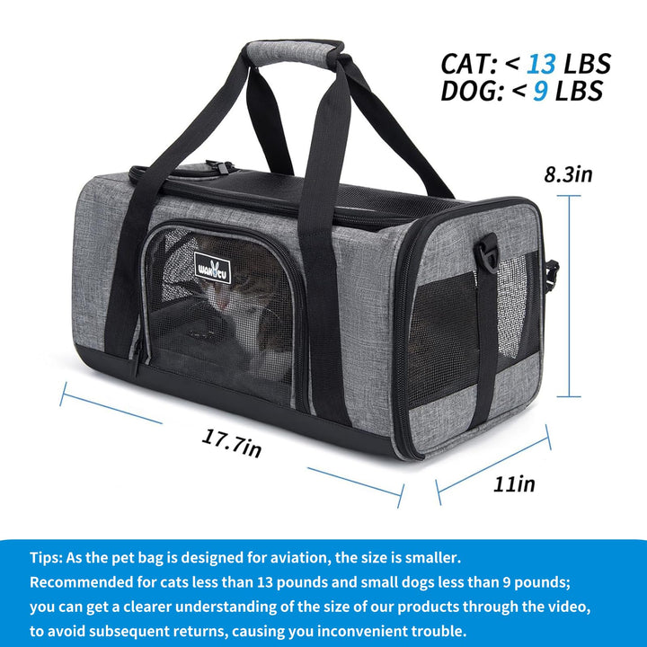Wakytu TSA Approved Pet Carrier for Small Cats Dogs, Travel Bag with Adequate Ventilation, 5 Mesh Windows, 3 Entrance, Locking Safety Zippers, Padded Shoulder and Carrying Strap, Small