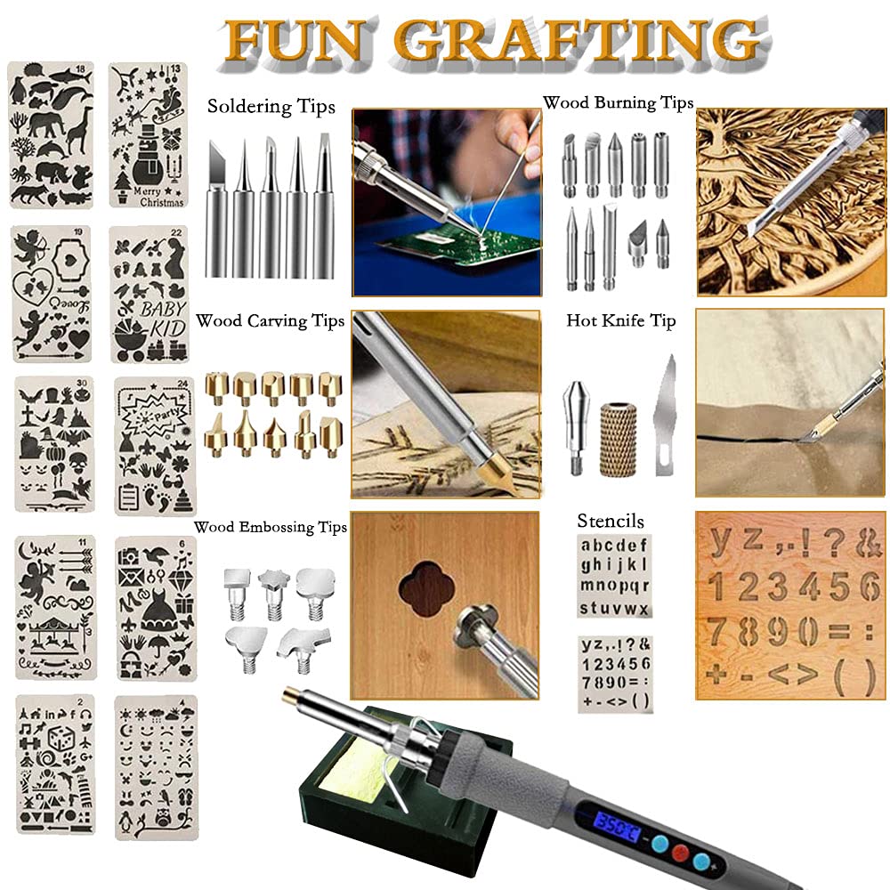84PCSwood burning Kit, wood burning tool with LCD Display wood burning pen Adjustable Temperature Soldering, Embossing/Carving/Soldering Tips/Carrying Case. (Gray)